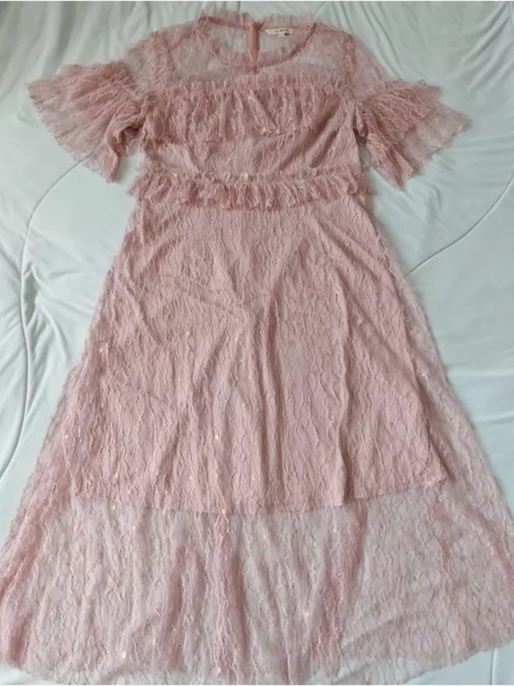 Blush Pink Lace Midi Dress with Ruffle Details
